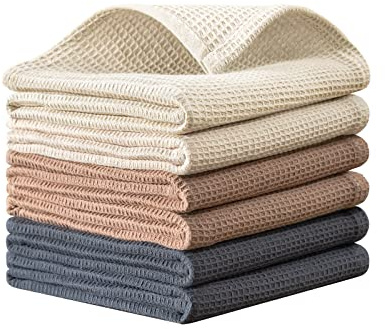 QUILTINA Dish Towels Set,100% Cotton Waffle Weave Kitchen Towels 6 Pack,17 x 25 Inches Dish Towels for Kitchen,Super Absorbent for Drying and Cleaning (Beige, Brown, Dark Grey)