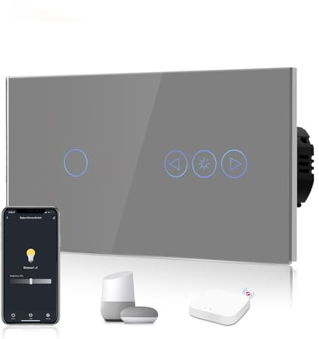 BSEED Zigbee Dimmer Schalter mit Smart Single Live ZigBee Lichtschalter 1 Fach 1 Weg Alexa Berührung Wandschalter Glasscheibe Schalter (ZigBee Hub Erforderlich) Grau