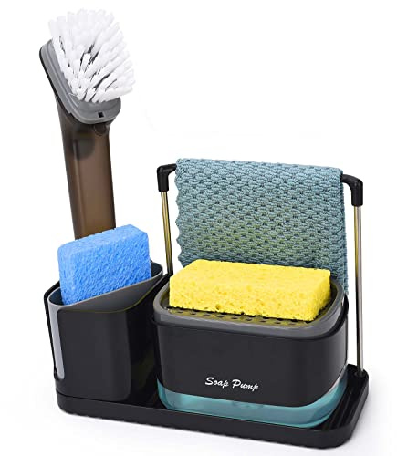 Spülmittelspender Küche Set,Spülbecken Organizer Schwarz mit Tablett und Schwammhalter,Waschmittel Wiederbefüllbar,Geeignet für Küchenspüle