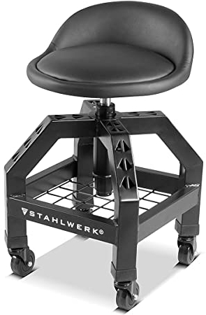 STAHLWERK Höhenverstellbarer Werkstatthocker VWH-300 ST mit großem Ablagefach, bis 136 kg belastbar, 59-76 cm Sitzhöhe, Rollsitz/Rollhocker mit kugelgelagerten Leichtlauf-Lenkrollen