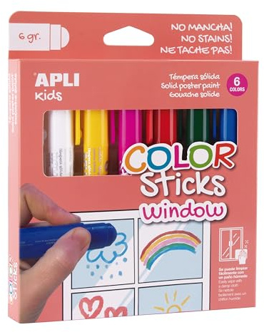 APLI Kids 19363 Color Sticks Window, Feste Temperafarben zum Bemalen von Glas, 6 Stück à 6 g in verschiedenen Farben: Weiß, Gelb, Rosa, Rot, Grün und Blau