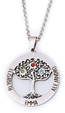 Wanapix | Colgante Personalizado para Mujer | Collar Árbol de la Vida | Con Grabado hasta 3 Nombres | Acero Inoxidable | Regalo Original | Día de la Madre
