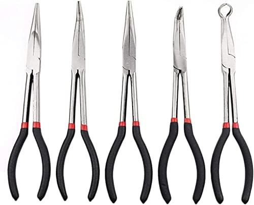 Iron Tongs,Pliers,Carpenters Pincers,Tools 5-Piece Set of Multi-Function Stainless Steel 11-Inch Long Needle-Nosed Pliers Curved Nose Pliers Round Nose Pliers Auto Repair Tools Pincers ( Color : Silve