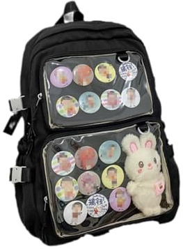 VAZZIC Niedlicher Taschenrucksack for Damen, Kawaii-Tagesrucksack, Büchertasche, Itabag, durchsichtiges Fenster for Pins, Cosplay, den täglichen Gebrauch (Color : Black, Size : 12.2 * 5.1 * 17.3in)
