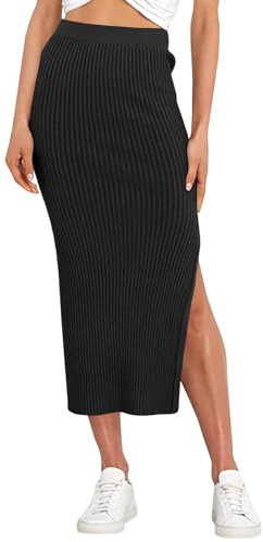 Runcati Women's Bodycon Knitted Pencil Skirts Elastic Split High Waisted Midi Skirt Black