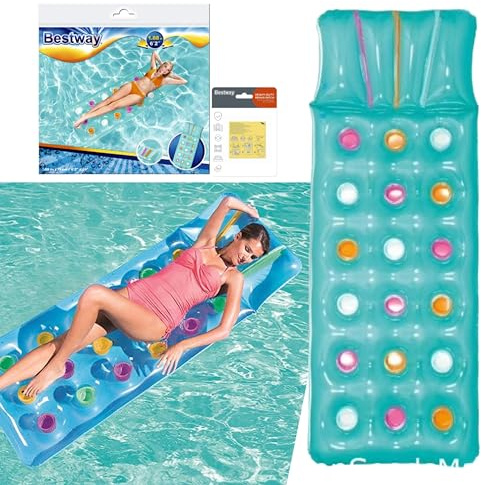Sun Lounger Float Pool Inflatables - Blue Pool Float Air Bed Inflatable Mattress with Built in Pillow & Heavy Duty Patch Repair Kit. Water Hammock with Topline Card for Swimming Pool, Beach Games