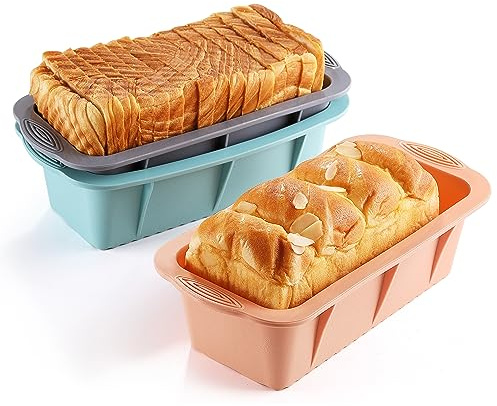 MONGSEW 3PCS Silicone Bread Loaf Pan, Non-Stick Bread Pans for Baking, Easy Release Loaf Pan, Great for Homemade Bread, Cakes, Brownies, Dishwasher Safe (3 Colors, Nesting Design)