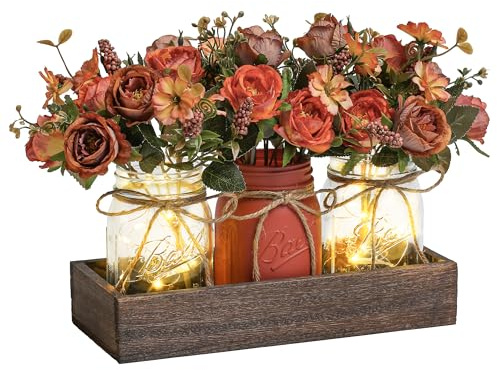 DUOER 3 Pcs Mason Jar Centerpiece Table Decorations for Dining Table Decor Farmhouse Coffee Table Decor with Wood Tray and Led Light Table Centerpieces for Dining room Kitchen Living Bathroom,Orange