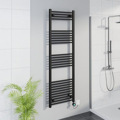 Warmehaus WiFi Electric Bathroom Straight Radiator Timer 1600x500mm Black | Thermostatic, Smart LCD Display, Child Lock, T Piece, Prefilled, Electric Heated Towel Rail Warmer, Energy Efficient