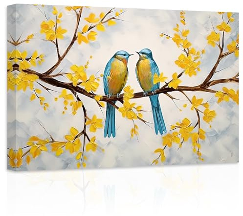 ZXHYWYM Liebesvögel Leinwandbilder zwei Paar Vögel auf einem Ast gelbe Blume Baum Gemälde Drucke romantische Bilder Heimdekoration für Schlafzimmer Gerahmt (Bild-1, (30.00 x 45.00 cms))