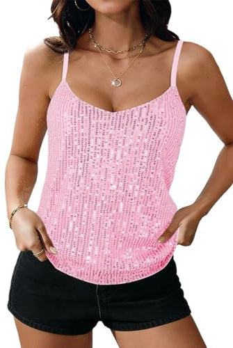 Segreto Damen Glitezer Pailletten Trägertops Perlen Ärmellos V-Ausschnitt A-Linie Cami Top Party Oberteile Shirt Weste