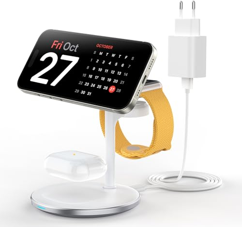 Mag-Safe Station de Charge inductive 3 en 1 pour Plusieurs appareils, 15 W Rapide Mag-Safe Station de Charge pour iPhone 15 14 13, Chargeur Mag-Safe pour iWatch Ultra2/1/Series 9/8, AirPods, Blanc