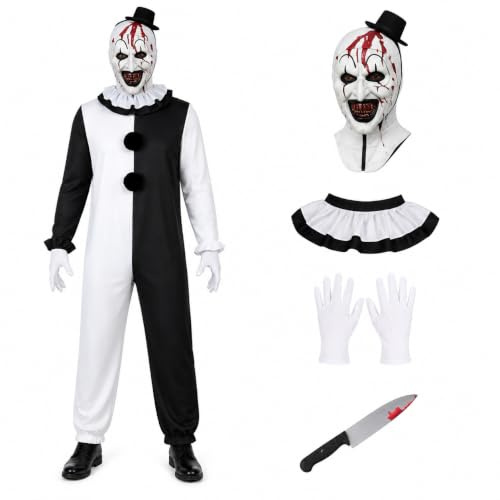 Claofoc Terrifier Art the Clown Kostüm Erwachsene 5-Teilig Jumpsuit Maske | Overall, Maske, Halskrause, Handschuhe, Kostümrequisite, Polyester, Größen S–3XL, schwarz weiß, Halloween, Karneval