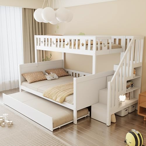 WIZBED Kinderbett Etagenbett 90×200+140×200 mit Treppe und Ausziehbarem Bett, Hochbett Doppelbett für 3 Kinder, Stauraumbett, Stockbett, Jugendbett, ohne Matratze