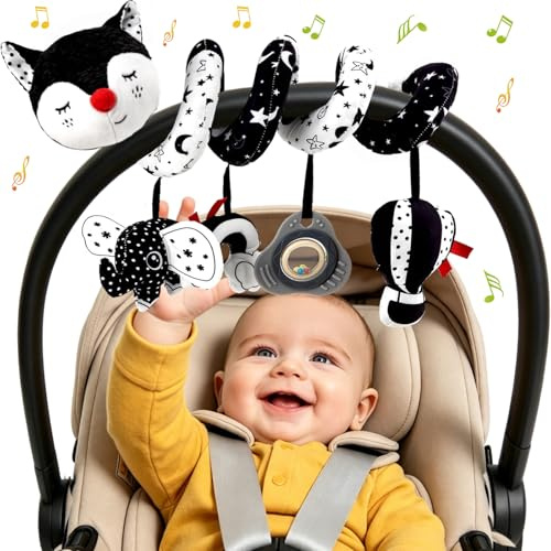 Kulveanju Spirale Passeggino Neonato Giochi 0-3 Mesi, Neonato Accessori Utili, Sonaglio Giochi Passeggino con Musicali, Regali per Neonati per Bambini da 6 a 12 Mesi, Peluche Volpe Bianco e Nero