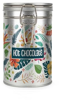 Purely Home Tropical Flowers Hot Chocolate Canister - Silver Metal Clip Lid Kitchen Food Storage Jar/Container 600ml (14cm x 8.5cm)