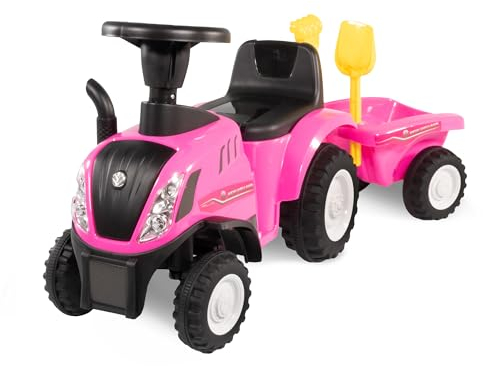 Rutschauto Traktor New Holland ab 1 Jahr | Kinderauto mit Anhänger | Rutschfahrzeug mit Schaufel und Rechen | Kinderfahrzeug in pink | Rutscher mit Soundtasten und Licht | Lizenziertes Kinderspielzeug