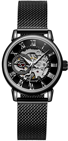 FORSINING Modische Damen-Armbanduhr, Skelett, lässig, wasserdicht, Handaufzug, mechanische Uhr mit Edelstahl-Mesh-Band