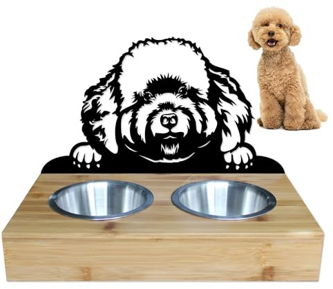 LEFEVRE PARIS • Support gamelles pour Chien et Chat en métal et Bois. 2 écuelles en INOX Inclus. Nourriture/Eau. Longueur 350 mm, Hauteur 258 mm. Made in France (Caniche)