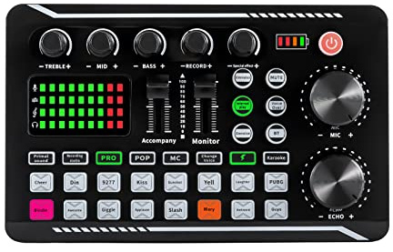 Carte son en direct et interface audio avec effets de mixage DJ et changeur vocal, mixeur audio stéréo Bluetooth F998 avec lumière LED, tableau d'effets sonores pour streaming YouTube en direct, PC,