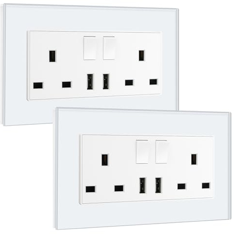 BSEED Double Switched Sockets with Two USB Charging Ports, UK Standard Electric Power Sockets with Glass Panel, 2 Gang 13A Wall Socket, White, 2 Pack