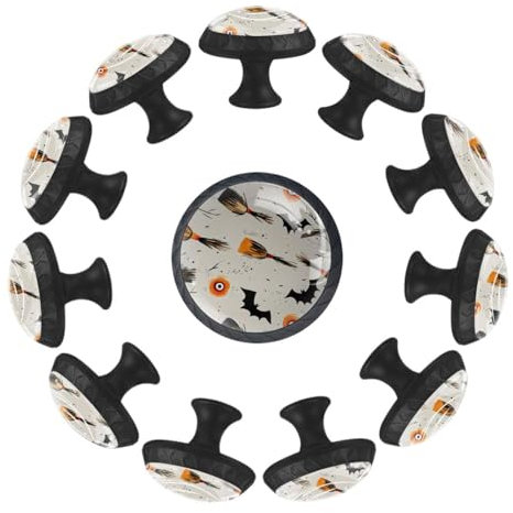 12 Pieces Drawer Knobs Seamless Halloween Brooms Flying Eyes Bats 35mm White Base Dresser Knobs Closet Door Cabinet Hardware Handles Pulls for Kitchen Bedroom Cupboard