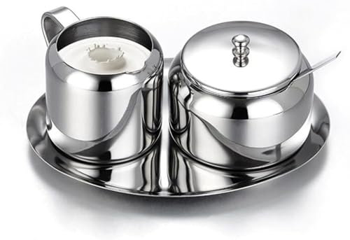 junozya Juego de Plata para Leche y azúcar, azucarero de Acero Inoxidable, Jarra de Leche de Acero Inoxidable, azucarero pequeño con Cuchara para el hogar, Cocina, Hotel y cafeterías