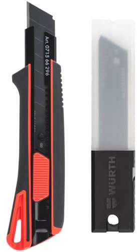Würth 2K Cuttermesser 25mm inkl. 1 + 10 Abbrechklingen extrem scharf schwarz 071566296 Teppichmesser Universalmesser Papiermesser