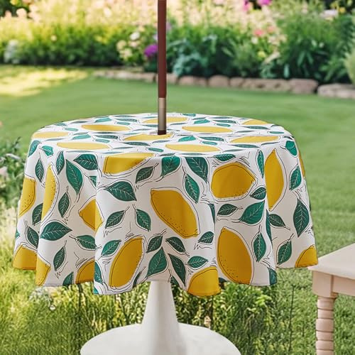 Yellow Lemon Round Outdoor Tablecloth 150cm - Wipeable Tablecloth with Parasol Hole and Zipper, Garden Table Cloths Waterproof Table Cover Circular Table Cloth Wipe Clean for Round Table,Patio,Picnic