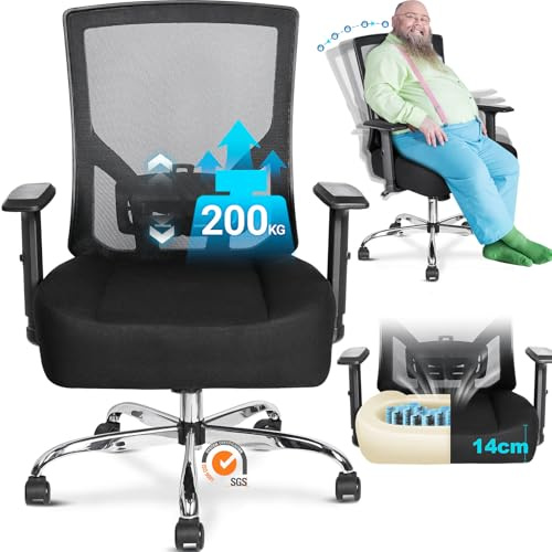 MELOKEA Bürostuhl 200KG XXL mit Großes Federsitzkissen, Breiter Sitz, Stufenlose Neigungsfunktion, Ergonomischer Bürostuhl mit Verstellbare Lendenwirbelstütze und Armlehnen, Schreibtischstuhl 200KG