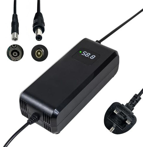 58.8V 4A battery charger, for 52V lithium battery, with LED display and multiple protection and repair functions, equipped with connectors (RCA 8mm, DC 5.5 * 2.1mm/2.5mm)