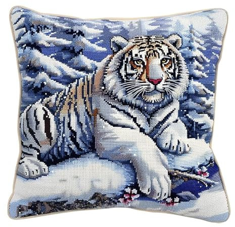 WallustrioaW Winterschneeszene Knüpfkissen-Set,Tier Tiger,für Kinder oder Anfänger Erwachsene zum Selber Knüpfen,DIY Knüpfteppich Knüpfpackung,Knüpfhaken Set,43x43cm