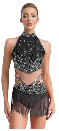 Aislor Vestito da Ballo Latino Americano con Nappa Donna Leotards Body Danza Classica Abito da Pattinaggio Artistico Vestito da Salsa Jazz Samba Rumba Gara Nero S