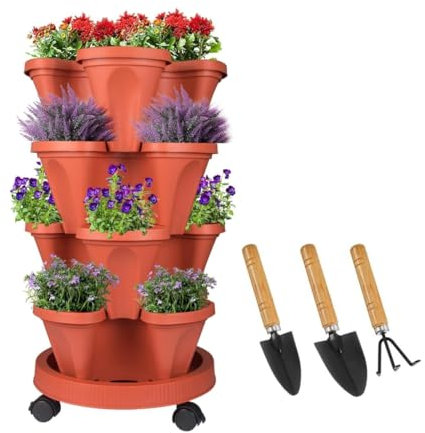 Sthrucrack Jardinière empilable, Tour de Jardin Verticale, Ensemble de jardinières Verticales pour Fraises, Herbes, Fleurs (Terracotta, 4 Niveaux)