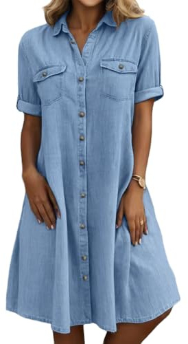 chouyatou Women's Summer Short Sleeve Denim Shirt Dress Business Casual Button Down Midi Long Jean Dress (Large, Light Blue)