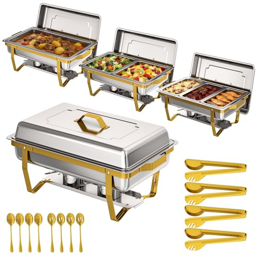EffiQ-Rate Juego de 4 Calentadores de Platos, 8.5L Rectangular Chafing Dish Incluye 7 Bandejas, Calentador de Alimentos Buffet de Acero Inoxidable para Fiestas y Eventos de Catering al Aire Libre