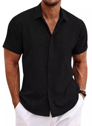 PADOLA Chemise Lin Homme Manches Courtes Boutonnée Chemisette Homme Chemises d'été Unie Chemise de Plage en Coton Coupe Régulière Tee Shirt Décontracté Chemiser (3 Noir, XL)