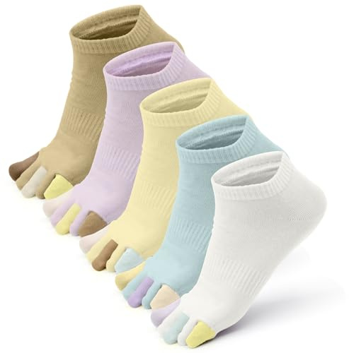 Soleeya 5 Pares Calcetines Tobilleros 5 Dedos Mujer 35-38, Suaves y Transpirables Calcetines Cortos con Dedos de Algodón Mujer para Deportes Correr