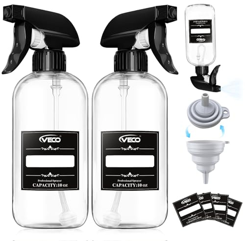 Veco 300mL (10oz) 360° Spray Bottles, 2-Pack — Adjustable Nozzle, Leak-Resistant spray bottles for Cleaning, Plants, Hair & Pet Use + Foldable Funnel