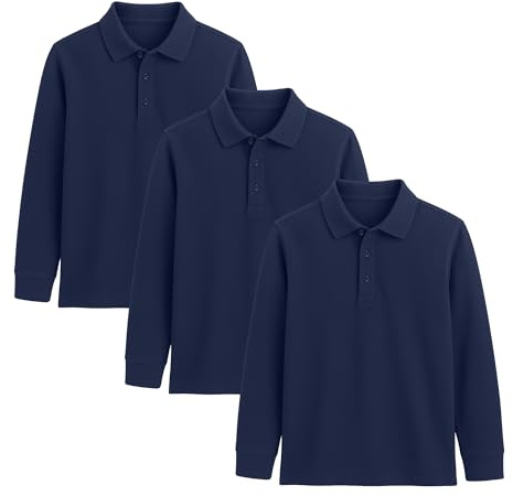 DELLMOOR Pojkar skolpolotröjor normal passform 100 % bomull långärmade skoltröjor för barn, bekväma, eleganta och klassiska designavslappnade polotröjor ålder 7-12 år, Marinblå 3-pack, 8 år