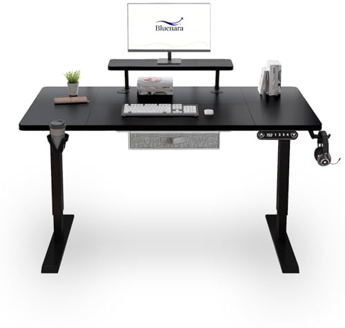 Bluenara – höj- och sänkbart skrivbord elektriskt med LED-display och bildskärmstativ, 140 x 76 cm ståbord – höjdjusterbart bord för hemmakontor, svart