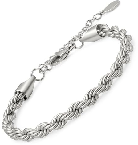SAGA GIOIELLI® Bracciale torchon argentato uomo - donna in Acciaio inox – Lunghezza 19 + 5 cm Confezione Regalo (spessore 5 mm)