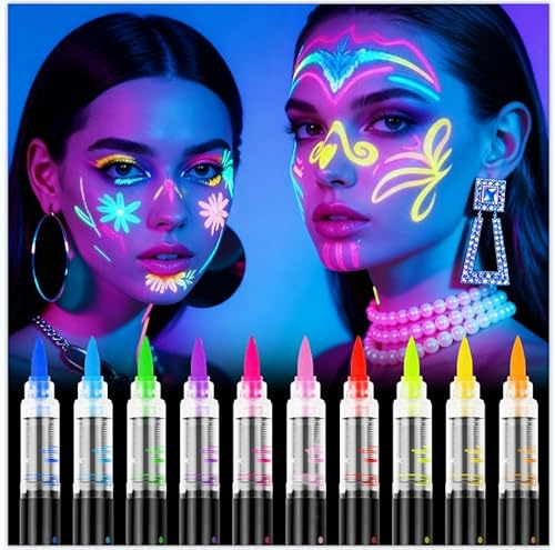 Alaoo Pintura de Cara de Neón Brillante UV, 10 Ceras Fluorescente e Color de La Cara, Marcadores Corporales Fluorescente, para Halloween, Mardi Gras, Fiesta de Disfraces