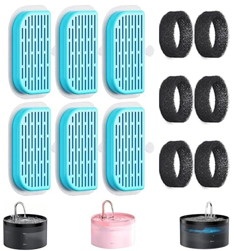 GIOTOHUN Filtro de fuente de agua para gatos: 12 filtros de repuesto para fuente de gatos - 6 filtros + 6 esponjas para dispensador de mascotas H1 (67 onzas/2L)