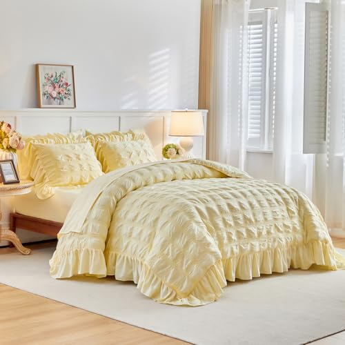 Flysheep Yellow Plaid Seersucker Duvet Cover Set with Wide Ruffled Fringe Twin Size, 3 Pieces Soft Bedding Set for All Season, Twin Farmhouse Bed Set with Ruffle Shams (Yellow, Twin)