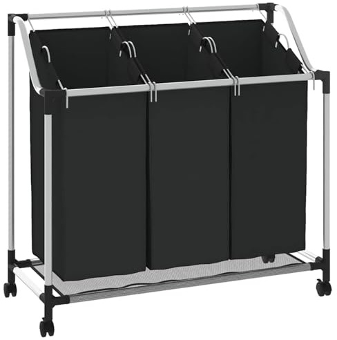 Gecheer Carrello per bucato con 3 sacchi, telaio in acciaio nero, rotelle e impugnature, capacità 20 kg, dimensioni 96x40 cm, per lavanderia e organizzazione biancheria