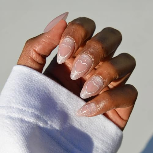 Glamnetic Press On Nails - Soulmate Energy Spring Nails | Short Almond Fake Nails in a Nude Pink Base with Cat-Eye Magnetic Heart Designs in a Velvet Finish | 15 Sizes - 30 Nail Kit with Glue