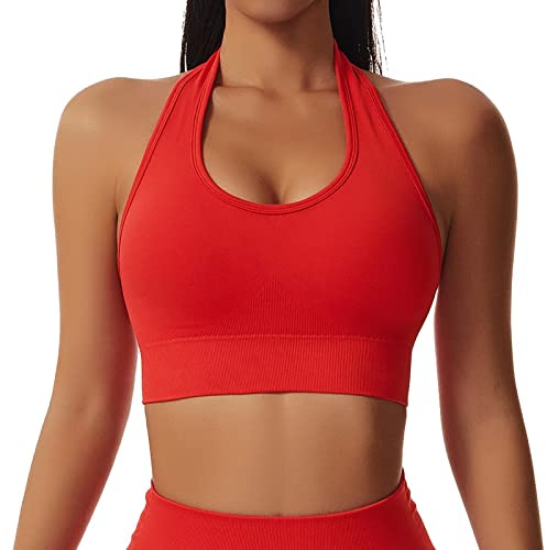 Sujetador deportivo con cuello halter sin espalda, fitness, sujetador push-up, acolchado, sin aros, sujetador deportivo, top, sujetador de yoga, soporte medio, entrenamiento