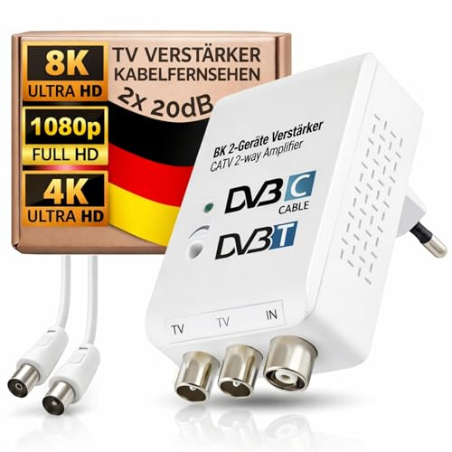 TronicXL Zweigeräteverstärker 2x20dB CATV Verstärker Kabelfernsehen TV Signalverstärker passend für Vodafone PYUR 1&1 Netcologne EWE Kabel DVBC & DVB-T Antennenverstärker
