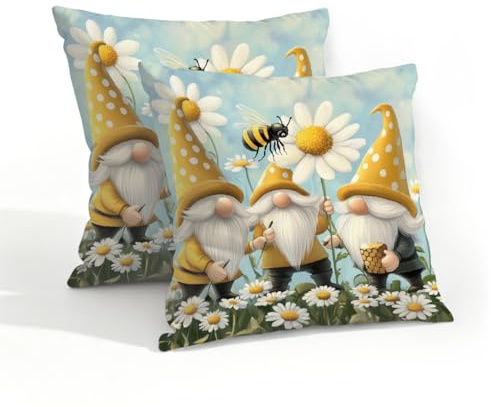Ivolege Cute Gnomes Daisy Waterproof Throw Pillow Covers 45x45 CM Set of 2, Outdoor Pillow Covers with Invisible Zipper, Square Pillowcases for Couch Patio Garden Decor